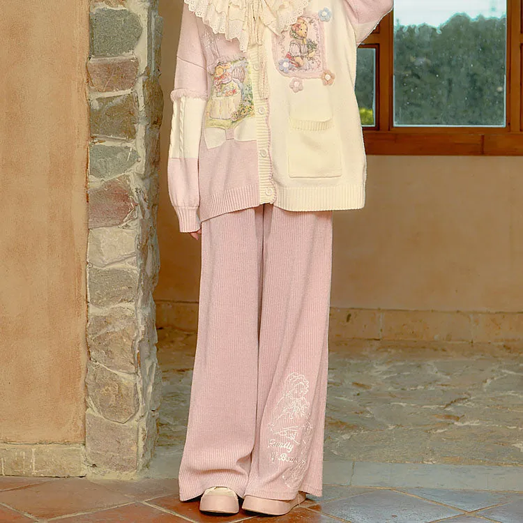 Bear Embroidered Pink Elastic Waist Straight-Leg Pants