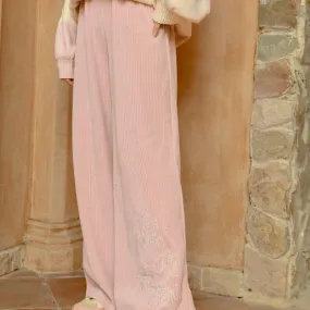 Bear Embroidered Pink Elastic Waist Straight-Leg Pants