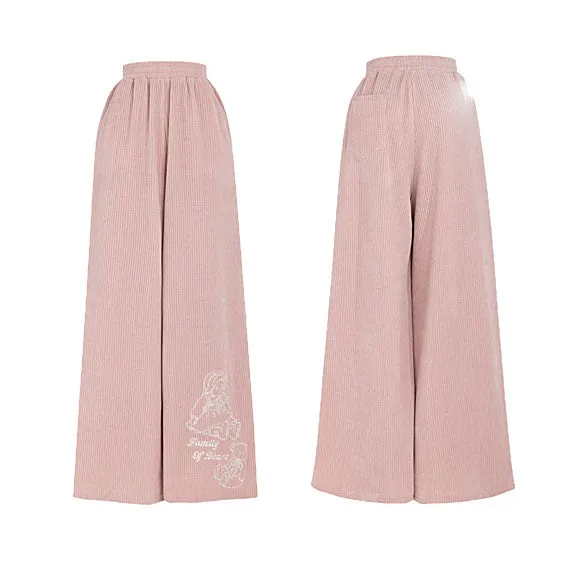 Bear Embroidered Pink Elastic Waist Straight-Leg Pants
