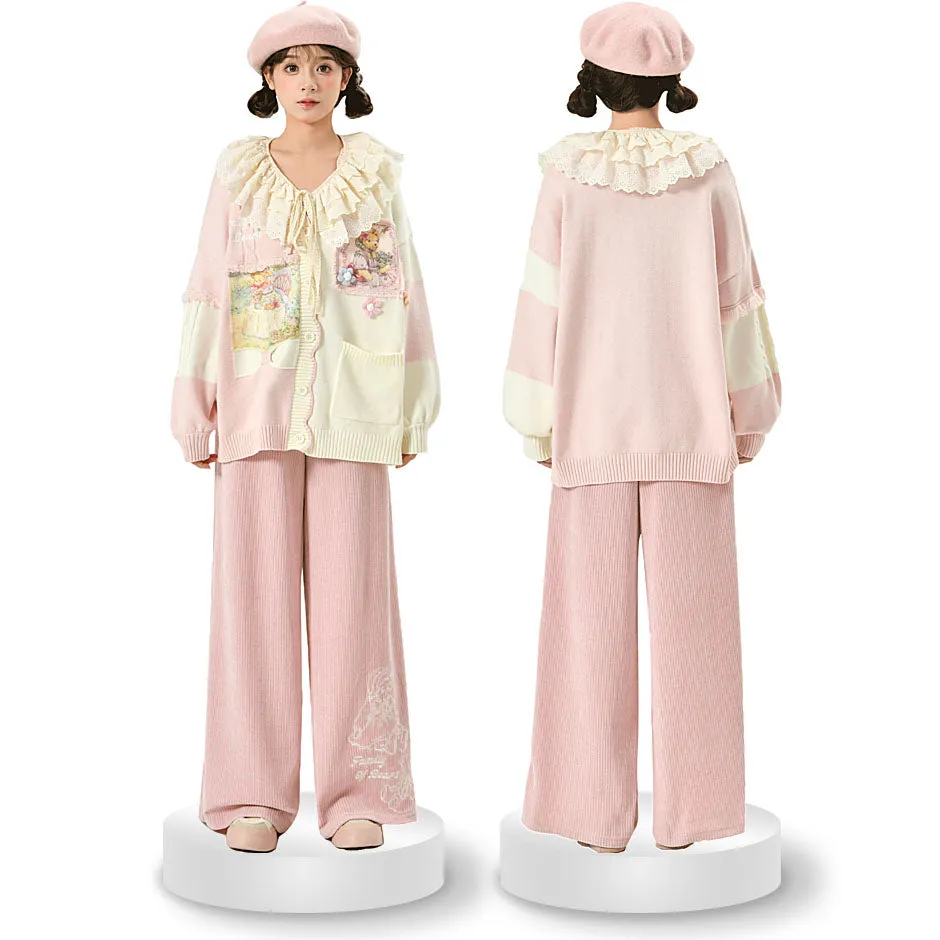 Bear Embroidered Pink Elastic Waist Straight-Leg Pants