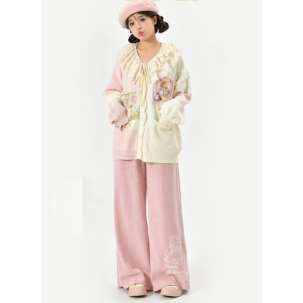 Bear Embroidered Pink Elastic Waist Straight-Leg Pants