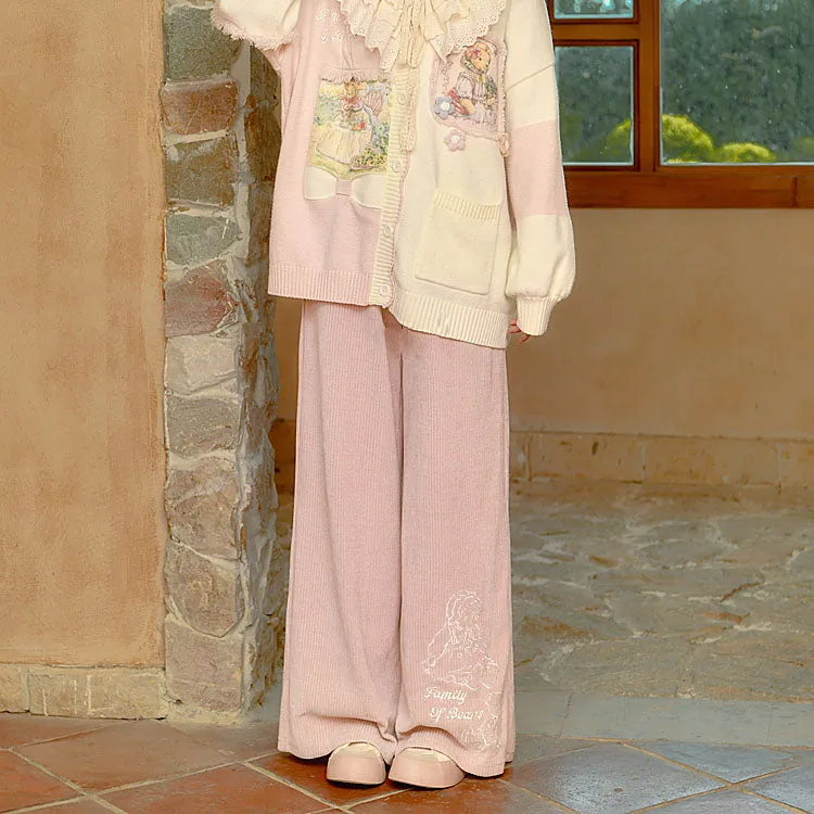 Bear Embroidered Pink Elastic Waist Straight-Leg Pants