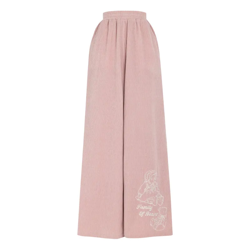 Bear Embroidered Pink Elastic Waist Straight-Leg Pants