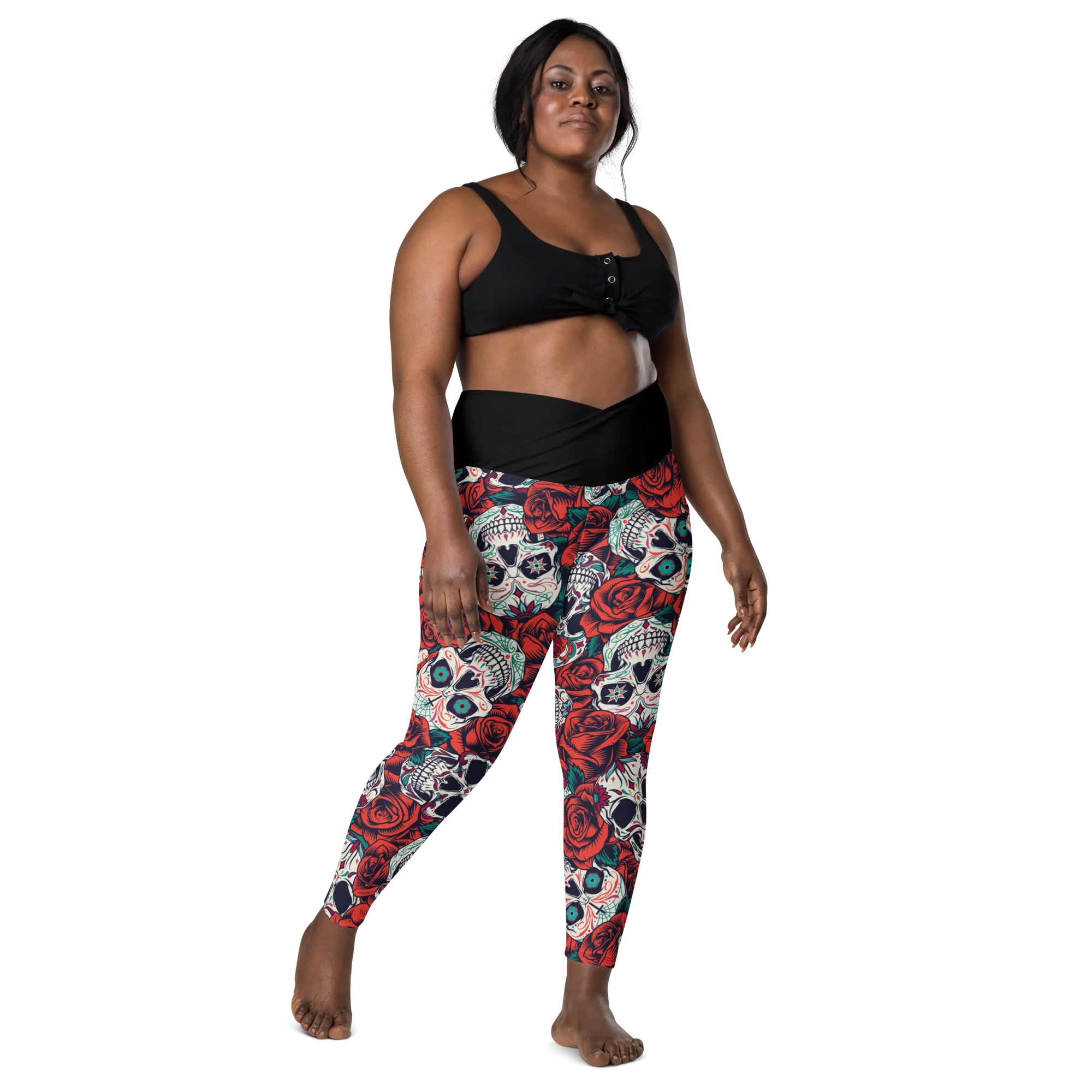 Crossover leggings with pockets - Skulls and Roses
