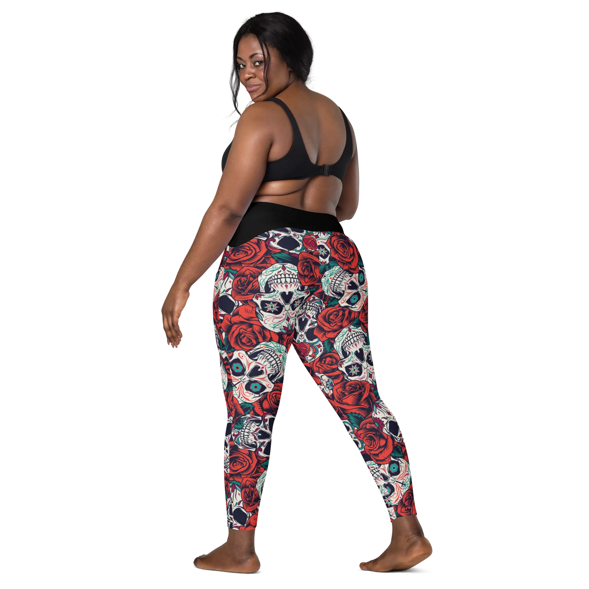 Crossover leggings with pockets - Skulls and Roses