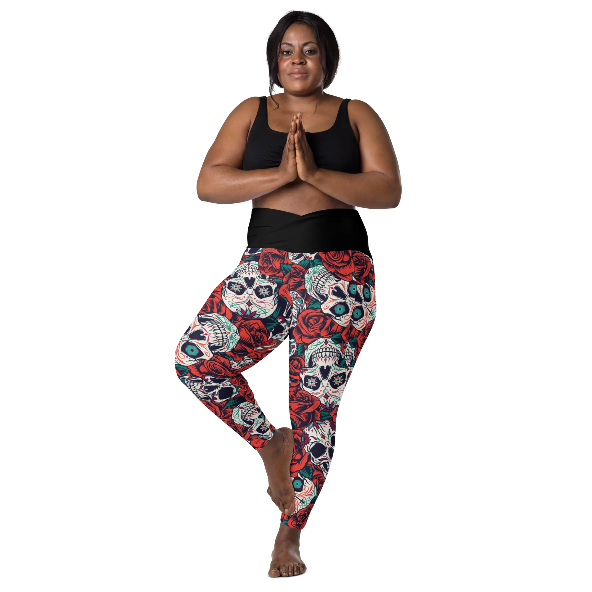 Crossover leggings with pockets - Skulls and Roses