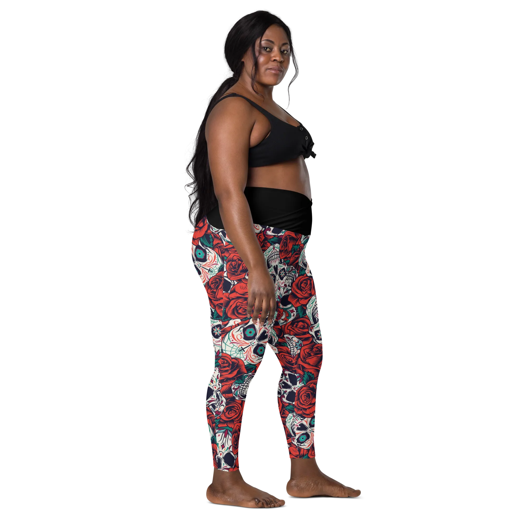 Crossover leggings with pockets - Skulls and Roses