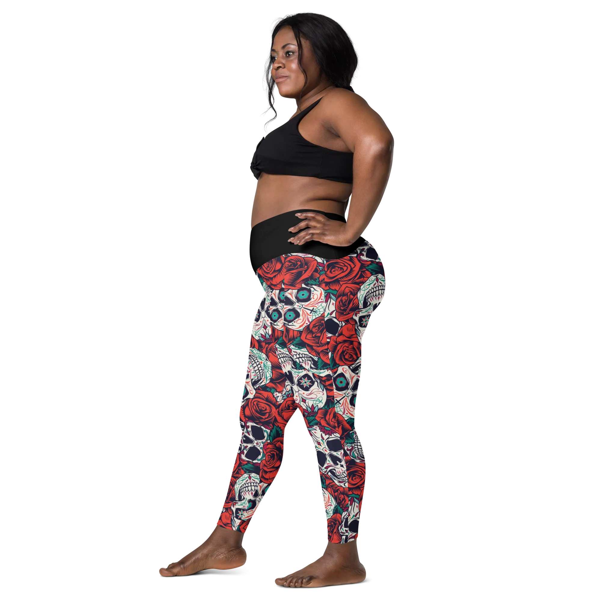 Crossover leggings with pockets - Skulls and Roses