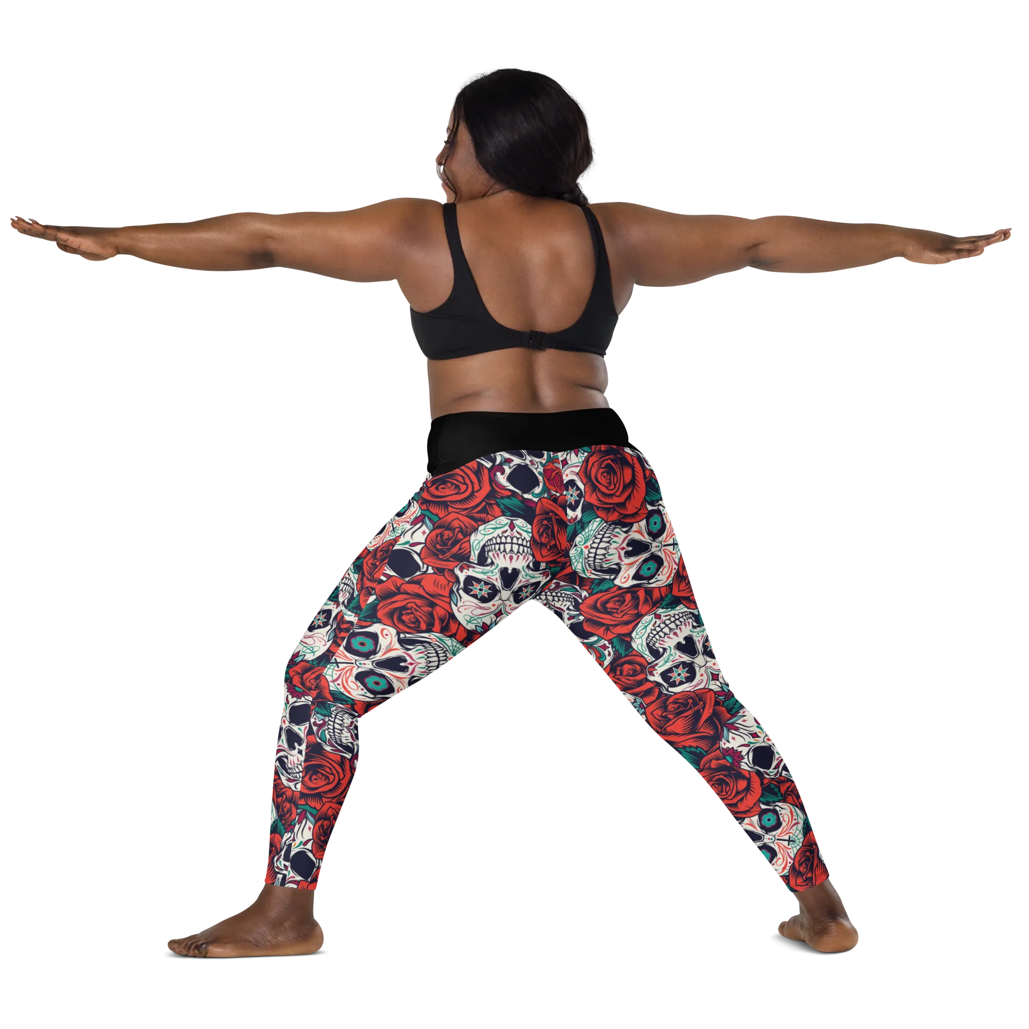Crossover leggings with pockets - Skulls and Roses