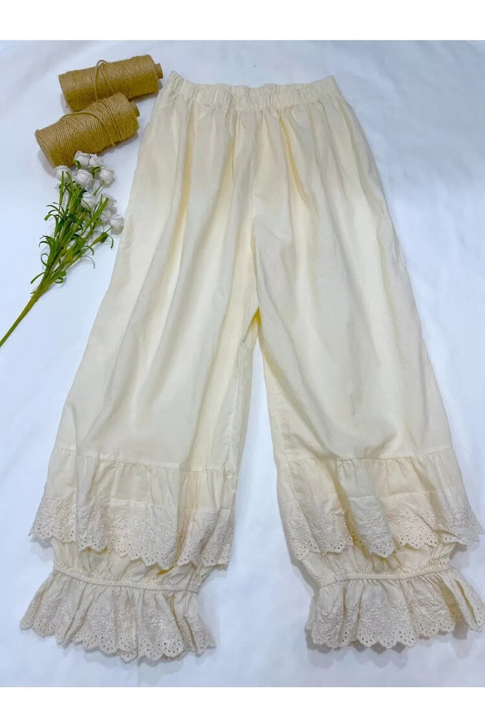 Elastic Waist Cotton Linen  Cropped Pants
