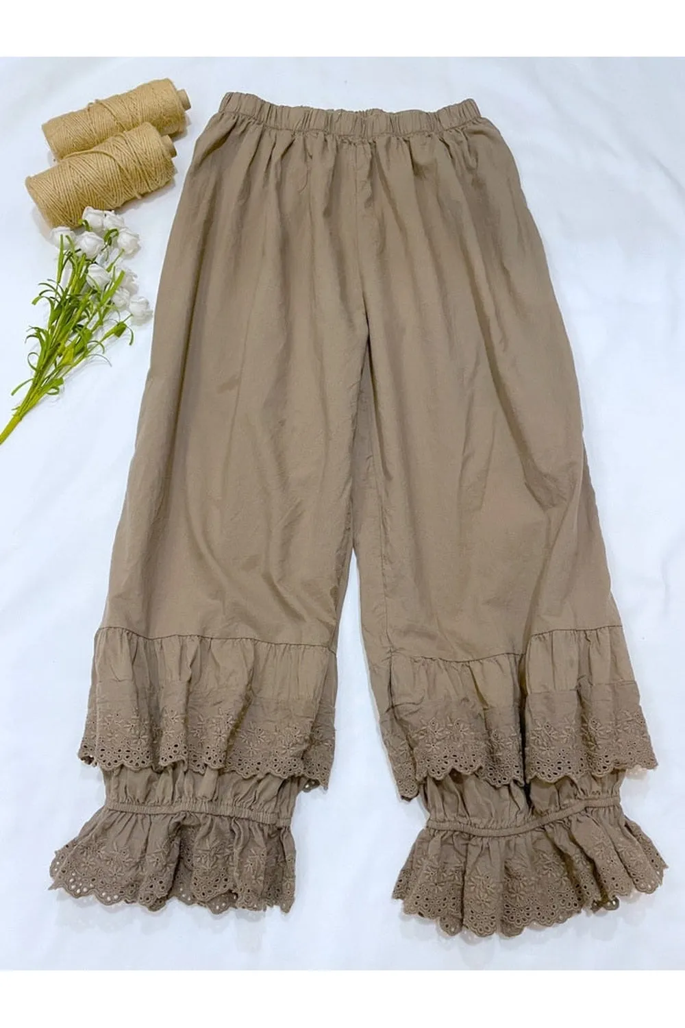 Elastic Waist Cotton Linen  Cropped Pants