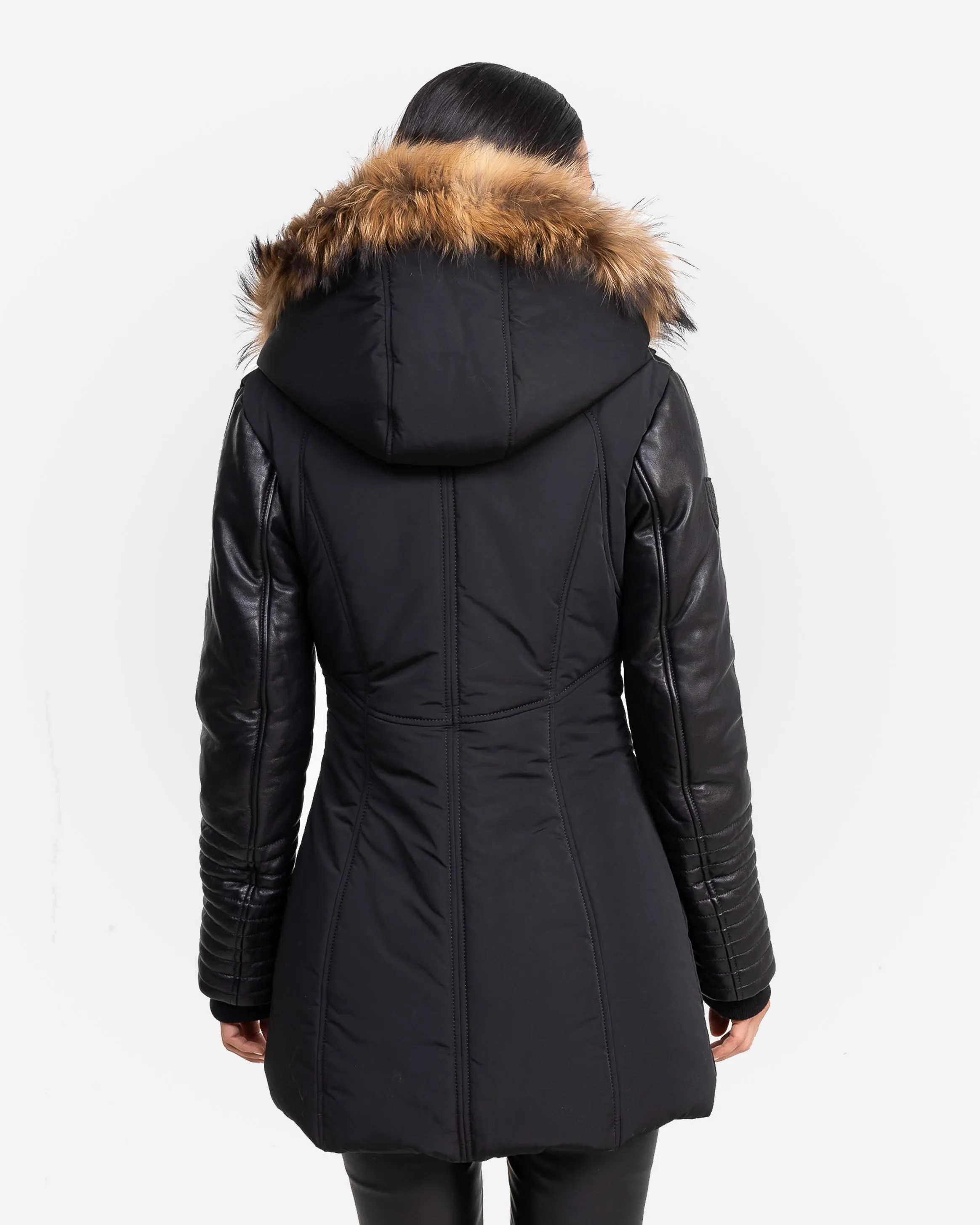 Melania Down Puffer With Leather Sleeves