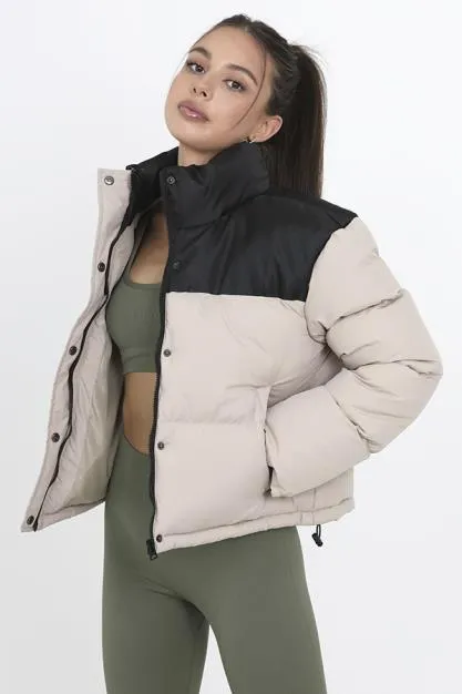 STONE COLOUR BLOCK SHORT PADDED PUFFER ZIP JACKET