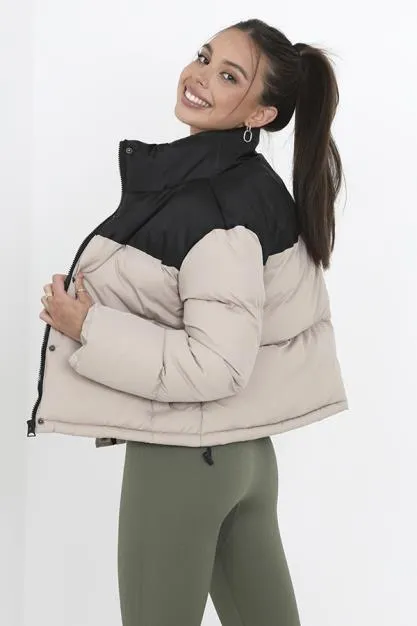 STONE COLOUR BLOCK SHORT PADDED PUFFER ZIP JACKET