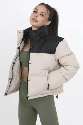 STONE COLOUR BLOCK SHORT PADDED PUFFER ZIP JACKET